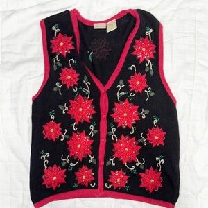 Bobbie Brooks Black and Red Floral V-Neck Sweater Vest